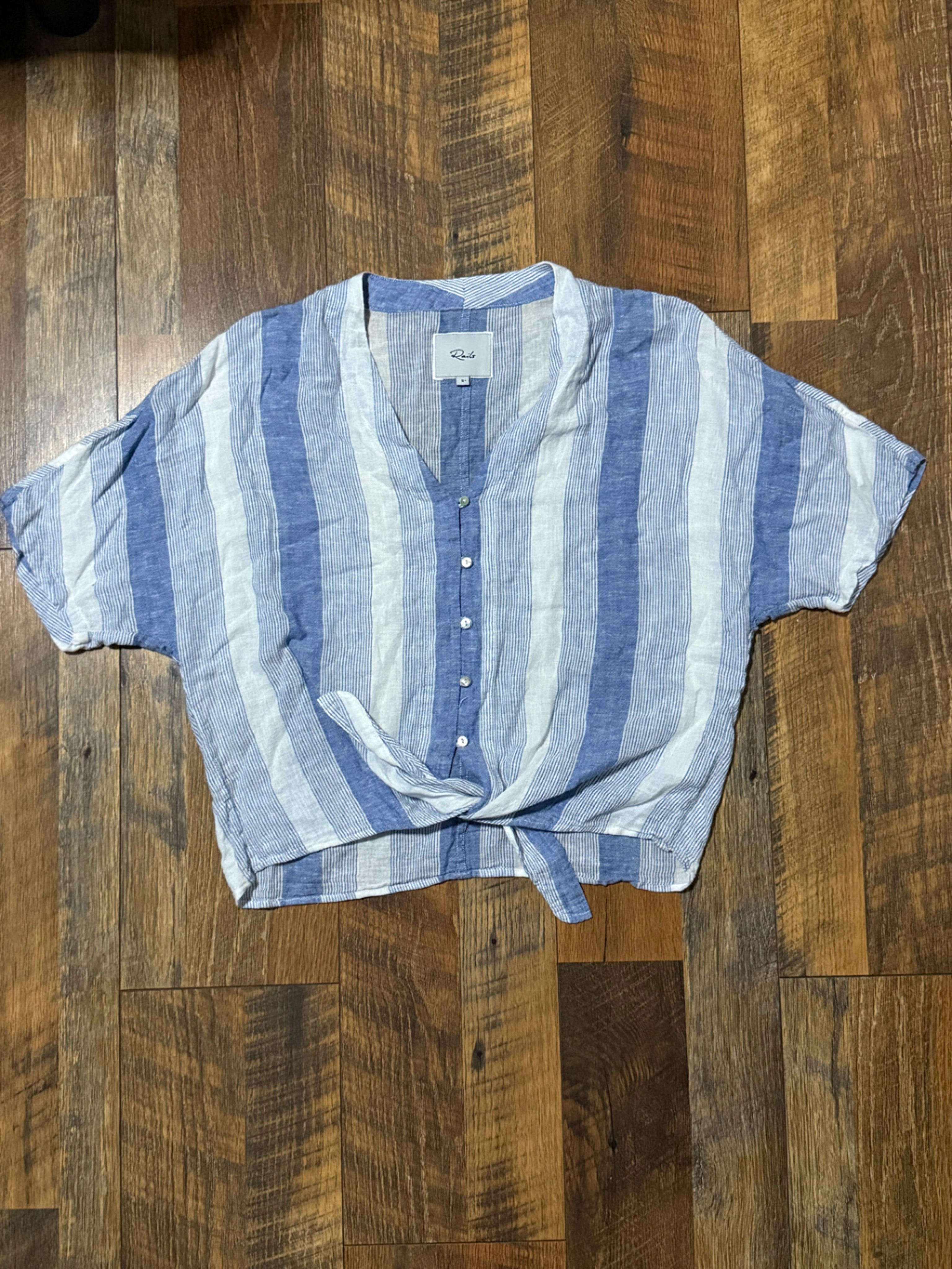 Rails Thea Nevis Stripe Linen Cotton Blouse Top Shirt Tie Waist Size Small